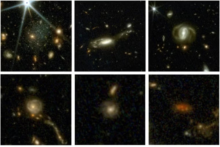 Šest obrázků galaxií pořízených z téměř 800 000 v celkovém kompilovaném obrázku. Od levého horního dole doprava: Dnešní vesmír a před 3, 4, 8, 9 a 10 miliardami let